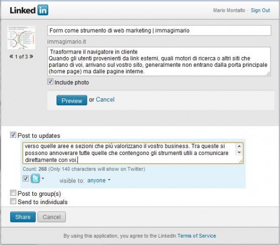 Cosa appare dopo aver cliccato sul bottone LinkedIn Share